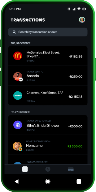 Kasi application on android transactions screen